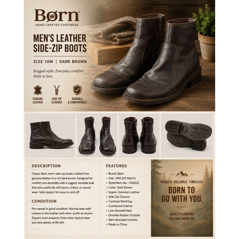 Børn Men's Brown Leather Side-Zip Ankle Boots Size 10M – Rugged Casual Comfort